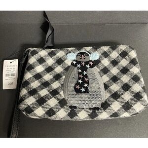Talbots Wristlet Black Gray Plaid Embellished Snowman Polyester Blend 7"x4"x1"